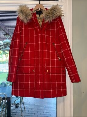 J.Crew Chateau Wool Parka Red White Windowpane Plaid Coat Fur Hood